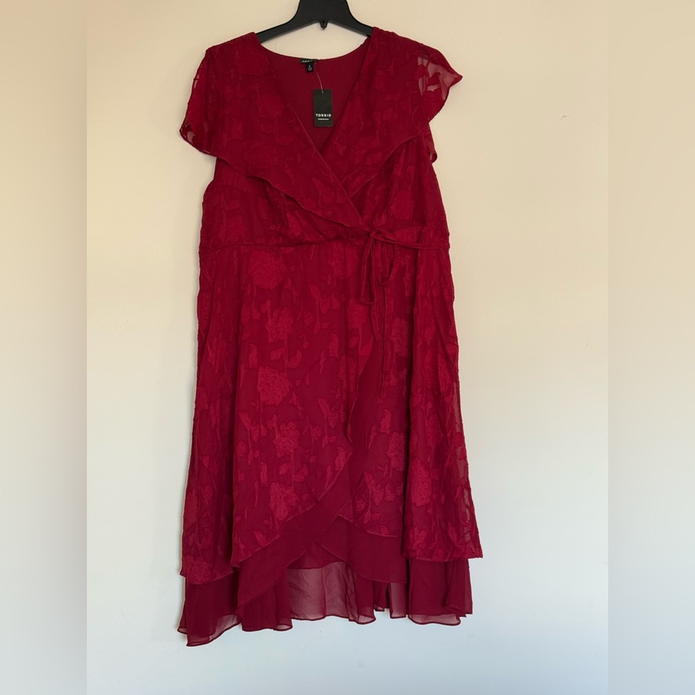 Elegant Red Faux Wrap Floral Dress
